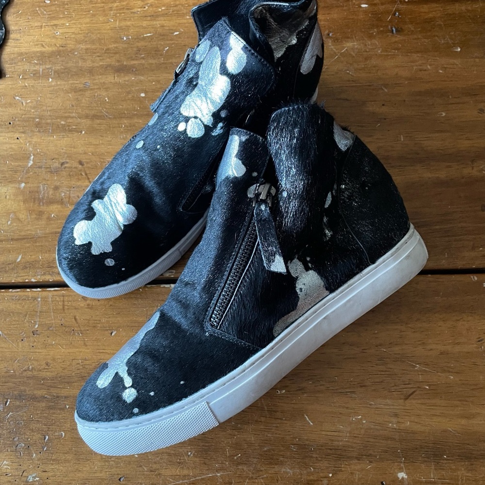 Anthro All Black brand fur zip hightop sneakers shoes Sz 40